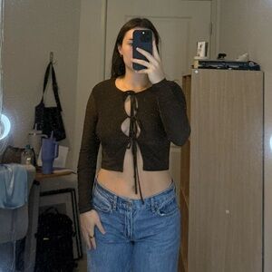 Boutique - Brown Tie-Front Crop Top